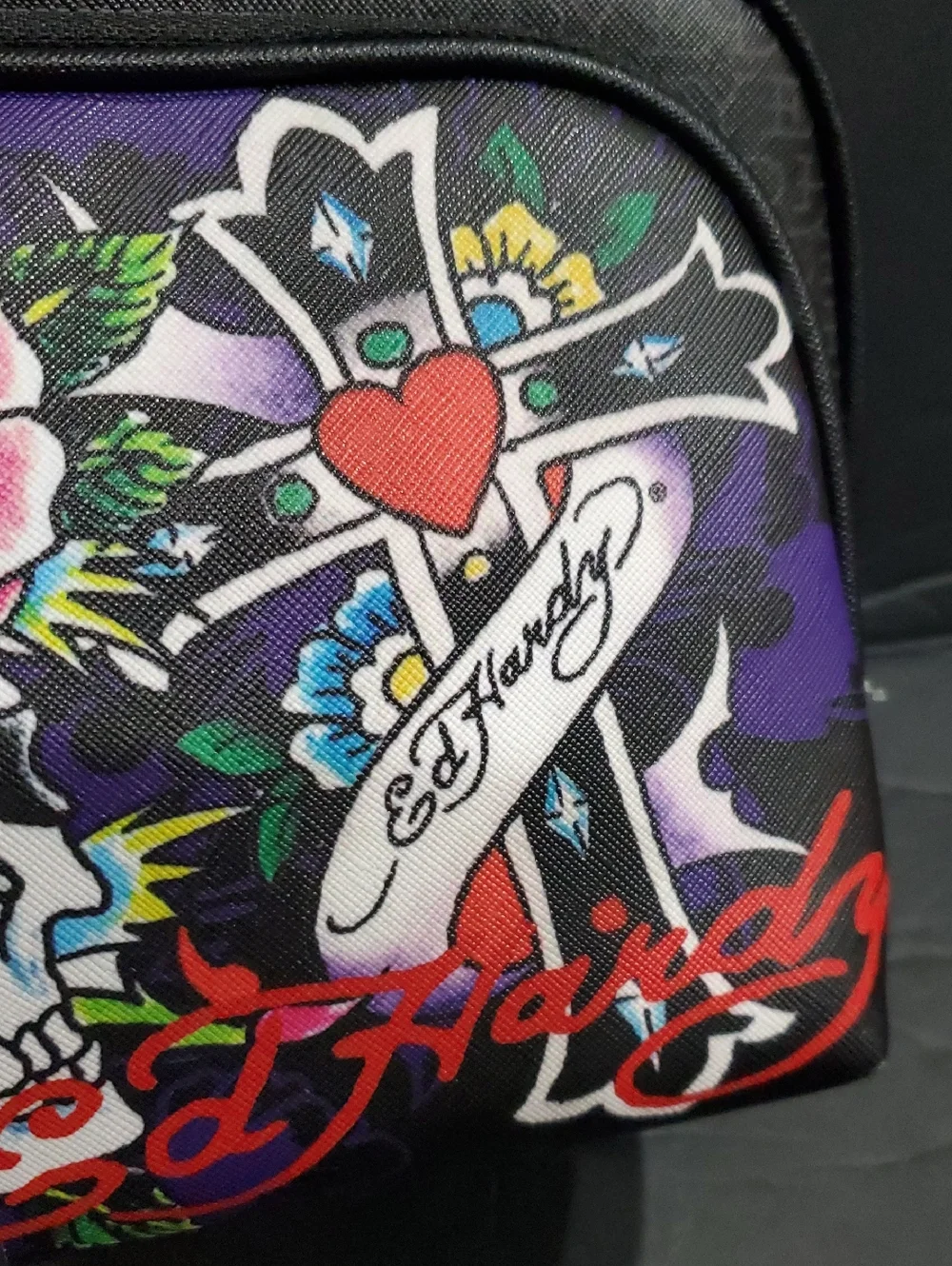 Ed Hardy black print 2piece cosmetic makeup bag pouch with skull & rose zip pull